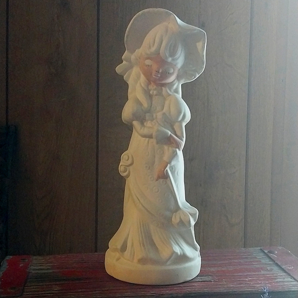 Vintage Ceramic Bisque Evergreen girl with bonnet & umbrella.